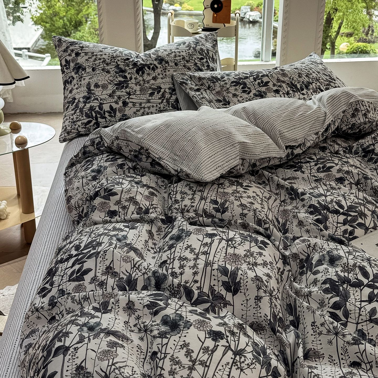 91家纺网 家纺一手货源 找家纺 缦纱 2025新款全棉纯棉小清新喷气13372印花40支纯棉四件套 锦瑟-蓝