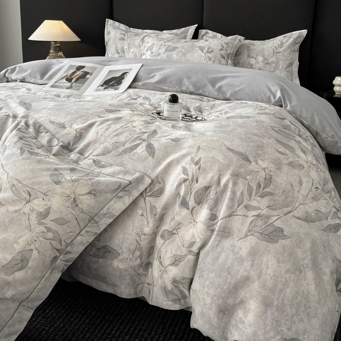 海洋家纺 2025新款100%全棉磨毛数码印花四件套加厚全棉四件套-提供买家秀 琼枝 灰