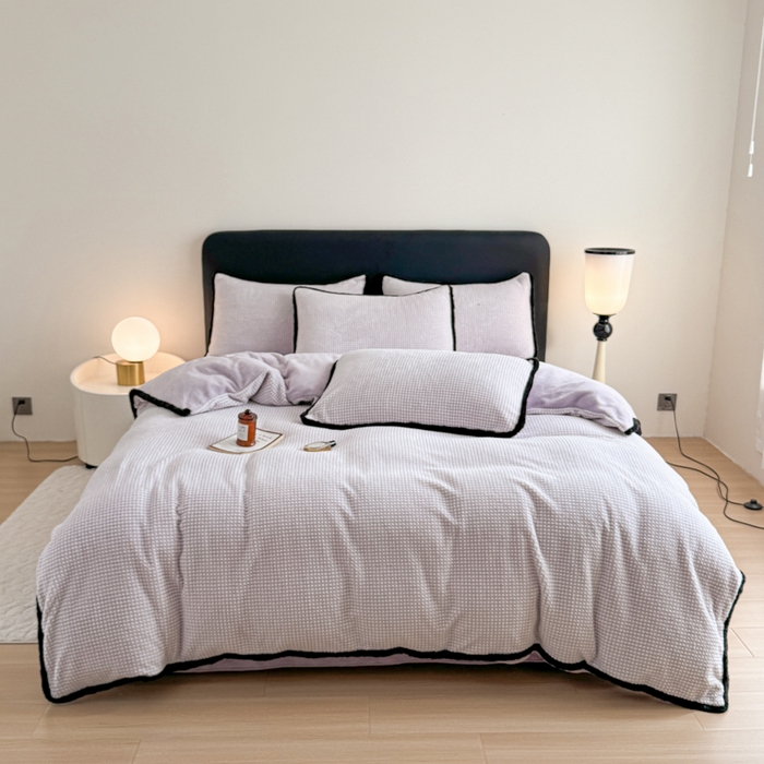 91家纺网 家纺一手货源 找家纺 KA家纺 2025冬兔毛边阳离子提花牛奶绒四件套 温雅系列 温雅紫