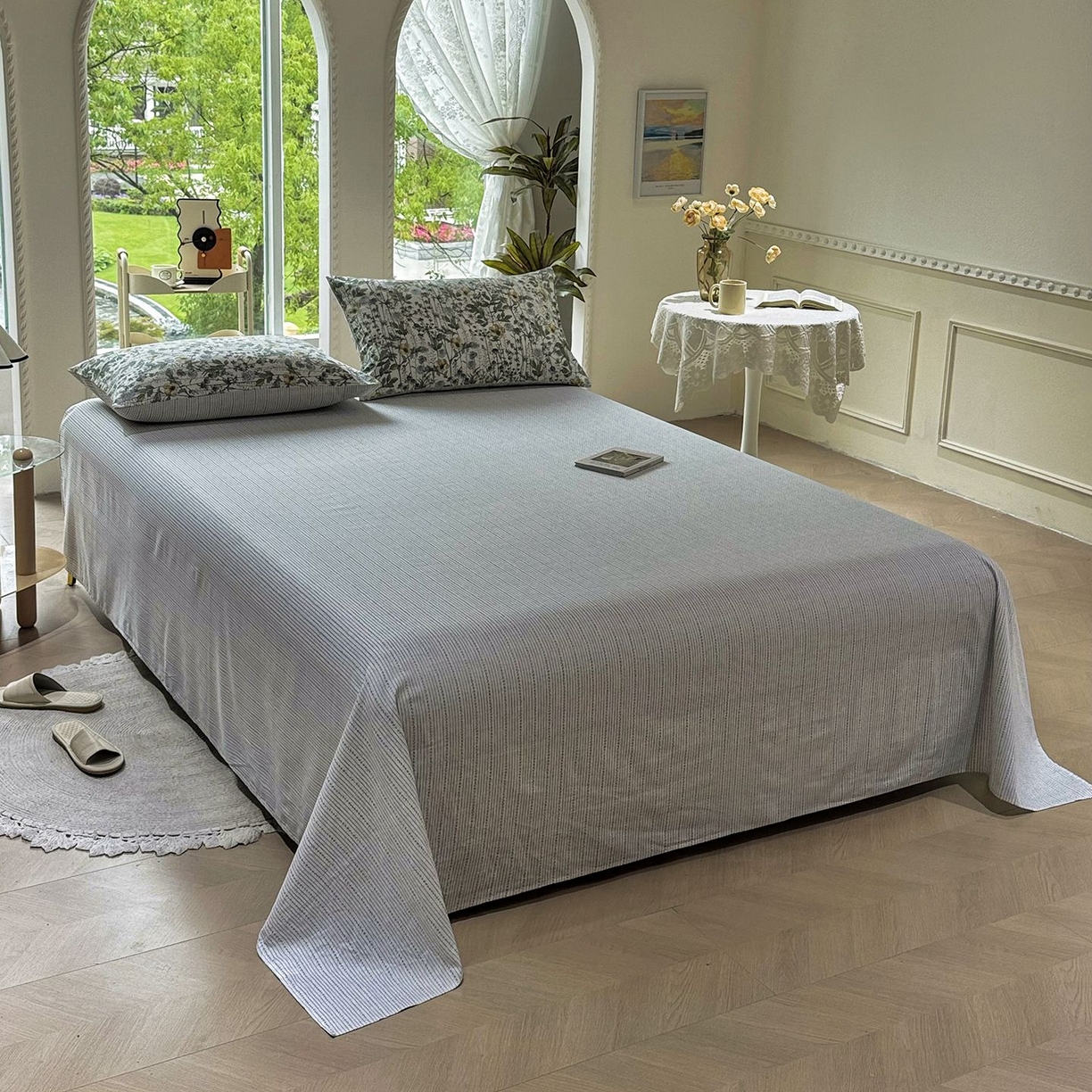 91家纺网 家纺一手货源 找家纺 缦纱 2025新款全棉纯棉小清新喷气13372印花40支纯棉四件套 锦瑟-绿