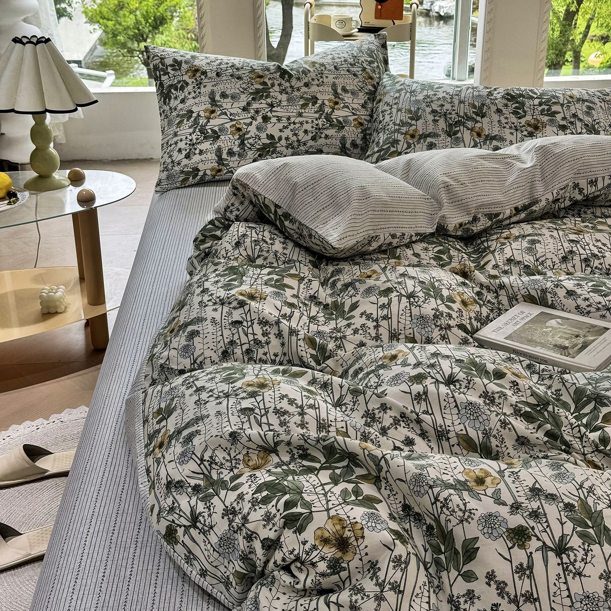 91家纺网 家纺一手货源 找家纺 缦纱 2025新款全棉纯棉小清新喷气13372印花40支纯棉四件套 锦瑟-绿