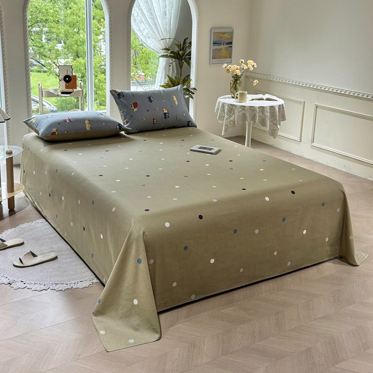 91家纺网 家纺一手货源 找家纺 缦纱 2025新款全棉纯棉小清新喷气13372印花40支纯棉四件套 卡车乐园-灰