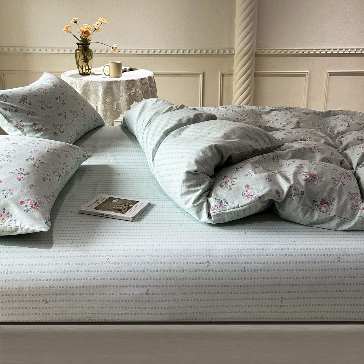 91家纺网 家纺一手货源 找家纺 缦纱 2025新款全棉纯棉小清新喷气13372印花40支纯棉四件套 梨花似锦