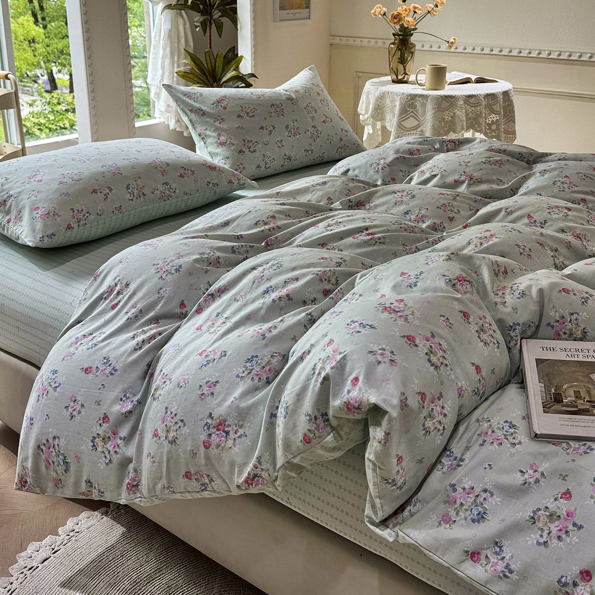 91家纺网 家纺一手货源 找家纺 缦纱 2025新款全棉纯棉小清新喷气13372印花40支纯棉四件套 梨花似锦