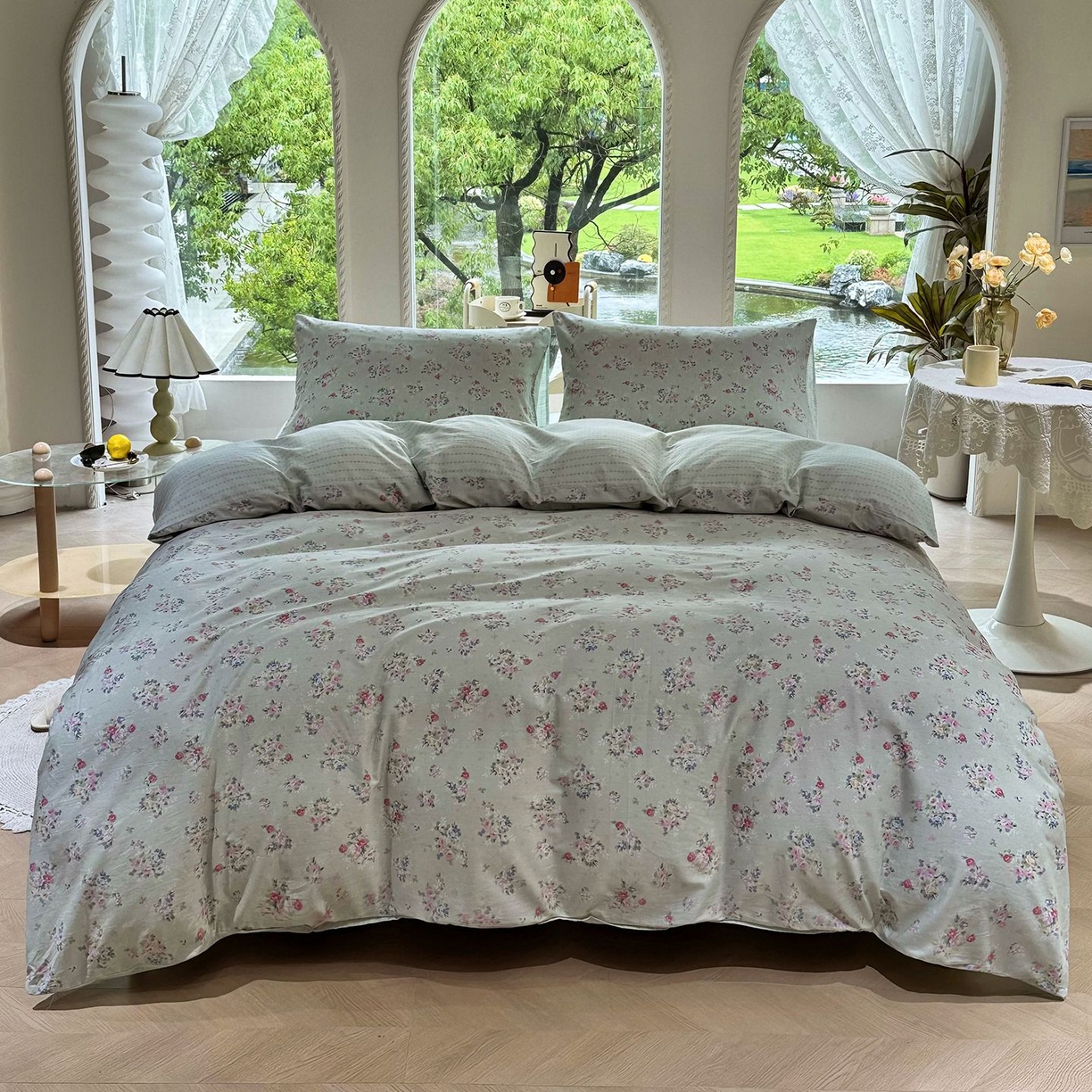 91家纺网 家纺一手货源 找家纺 缦纱 2025新款全棉纯棉小清新喷气13372印花40支纯棉四件套 梨花似锦