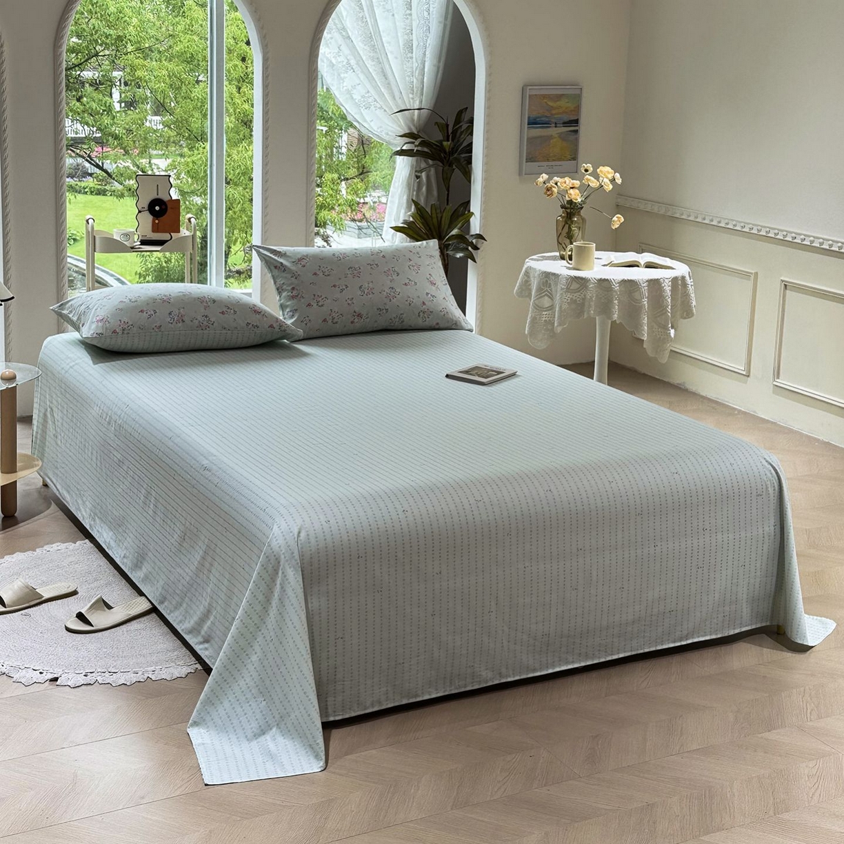 91家纺网 家纺一手货源 找家纺 缦纱 2025新款全棉纯棉小清新喷气13372印花40支纯棉四件套 梨花似锦