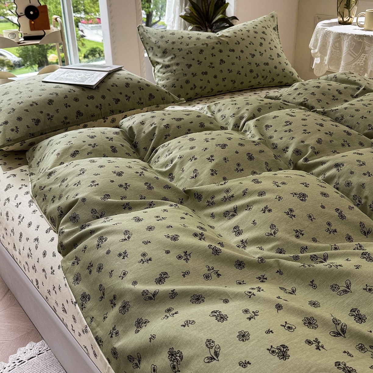 缦纱 2025新款全棉纯棉小清新喷气13372印花40支纯棉四件套 浅浅花漾