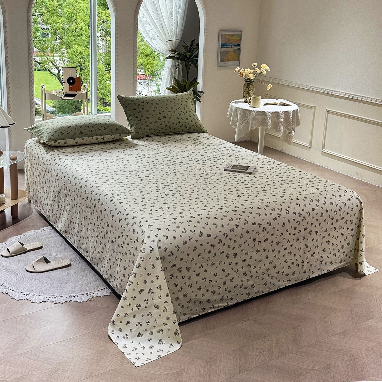 91家纺网 家纺一手货源 找家纺 缦纱 2025新款全棉纯棉小清新喷气13372印花40支纯棉四件套 浅浅花漾