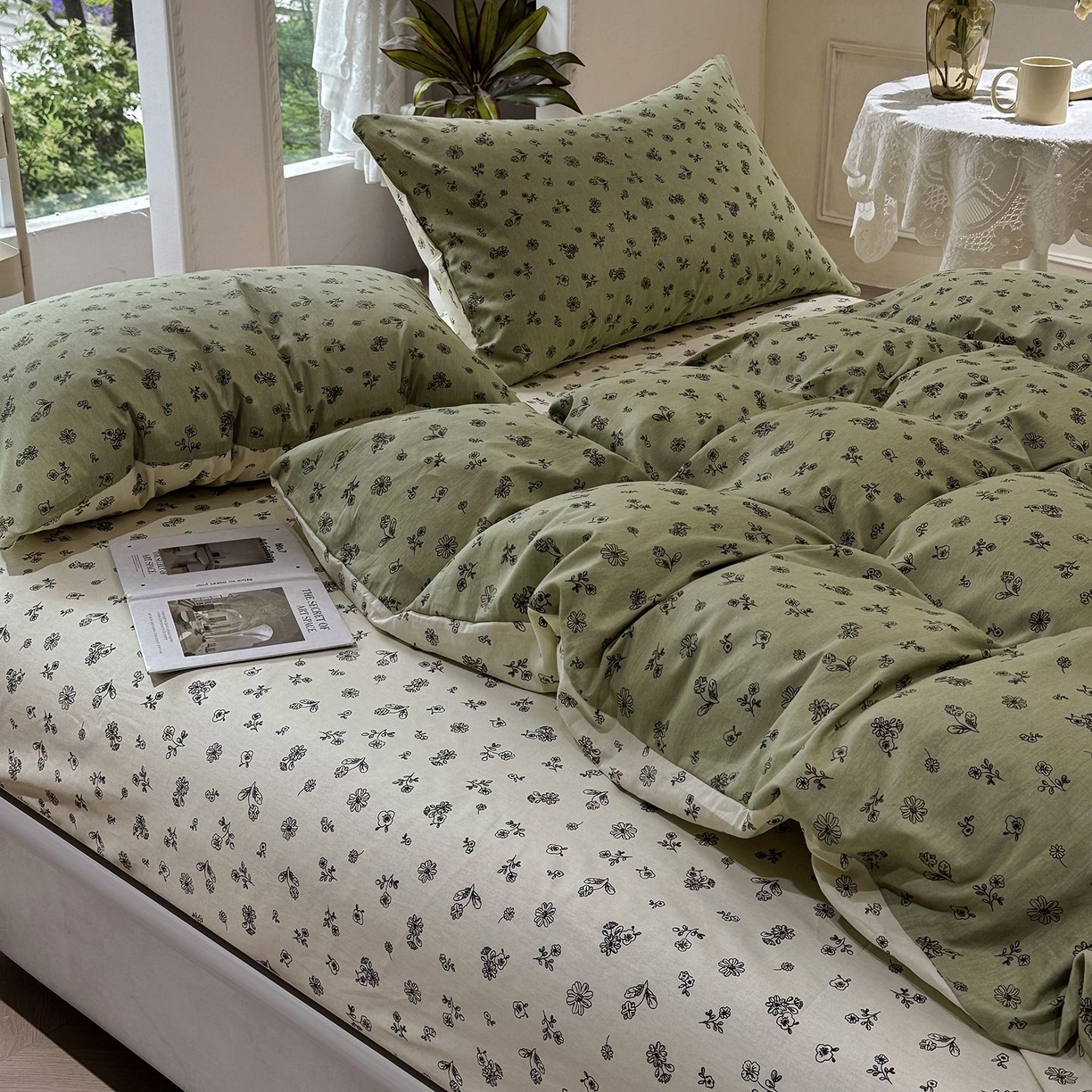 91家纺网 家纺一手货源 找家纺 缦纱 2025新款全棉纯棉小清新喷气13372印花40支纯棉四件套 浅浅花漾