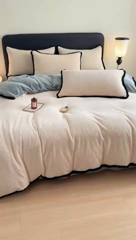 91家纺网 家纺一手货源 找家纺 KA家纺 2025冬兔毛边阳离子提花牛奶绒四件套 温雅系列 温雅米咖