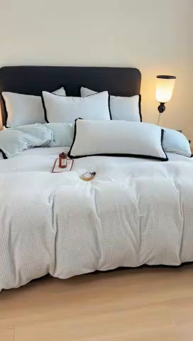 91家纺网 家纺一手货源 找家纺 KA家纺 2025冬兔毛边阳离子提花牛奶绒四件套 温雅系列 温雅蓝