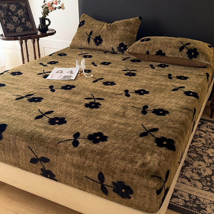 91家纺网 家纺一手货源 找家纺 绒世界 2025秋冬加厚兔绒床笠 床笠兔绒-繁花咖