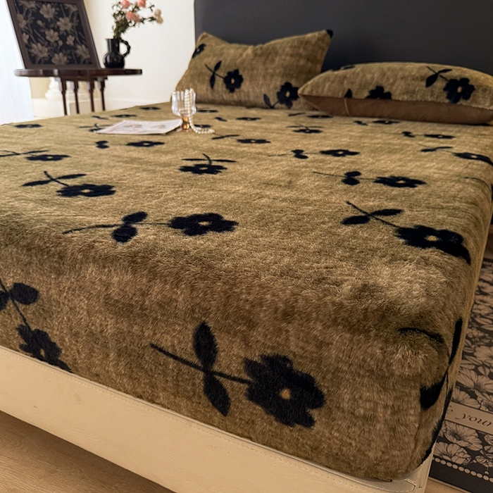 91家纺网 家纺一手货源 找家纺 绒世界 2025秋冬加厚兔绒床笠 床笠兔绒-繁花咖