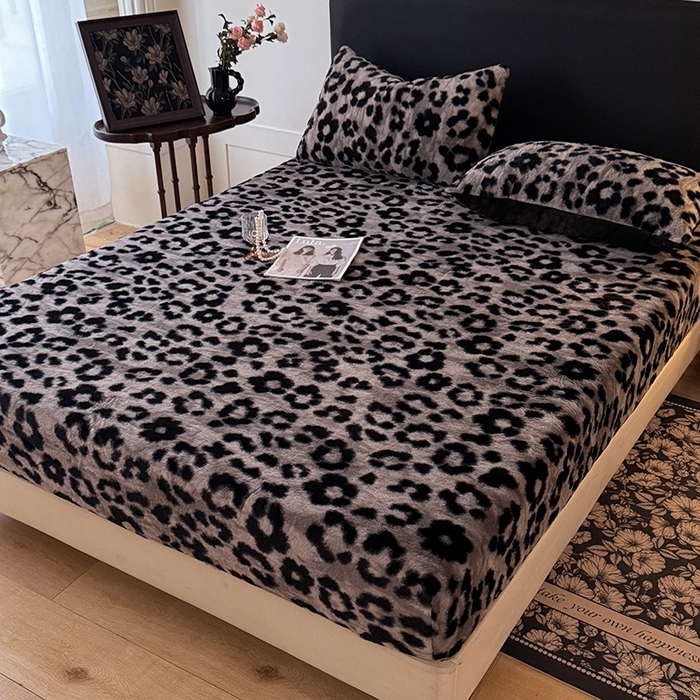 91家纺网 家纺一手货源 找家纺 绒世界 2025秋冬加厚兔绒床笠 兔绒床笠-豹纹灰