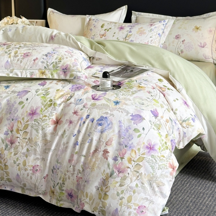 91家纺网 家纺一手货源 找家纺 海洋家纺 2025新款100%全棉磨毛数码印花四件套加厚全棉四件套-提供买家秀 花笺集 米白