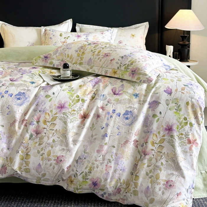 91家纺网 家纺一手货源 找家纺 海洋家纺 2025新款100%全棉磨毛数码印花四件套加厚全棉四件套-提供买家秀 花笺集 米白