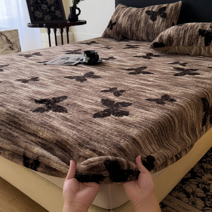 绒世界 2025秋冬加厚兔绒床笠 兔绒床笠-蝶舞咖