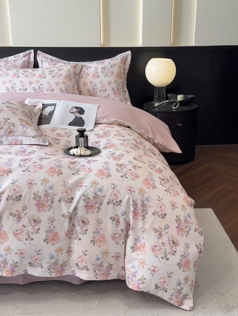 91家纺网 家纺一手货源 找家纺 海洋家纺 2025新款100%全棉磨毛数码印花四件套加厚全棉四件套-提供买家秀 花屿间 粉
