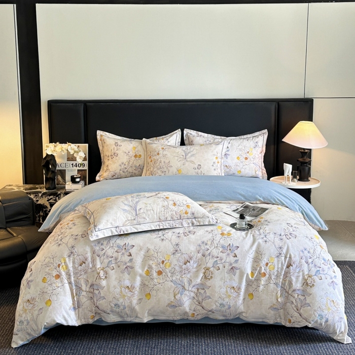 91家纺网 家纺一手货源 找家纺 海洋家纺 2025新款100%全棉磨毛数码印花四件套加厚全棉四件套-提供买家秀 花语情怀 米白