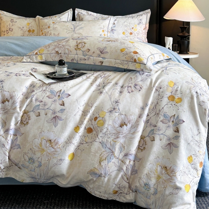 91家纺网 家纺一手货源 找家纺 海洋家纺 2025新款100%全棉磨毛数码印花四件套加厚全棉四件套-提供买家秀 花语情怀 米白