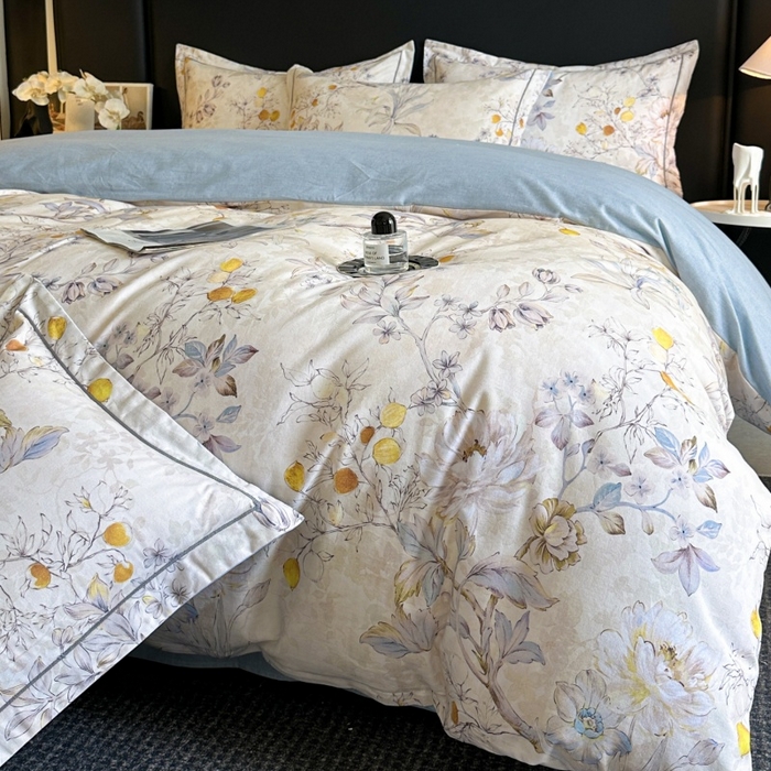 91家纺网 家纺一手货源 找家纺 海洋家纺 2025新款100%全棉磨毛数码印花四件套加厚全棉四件套-提供买家秀 花语情怀 米白