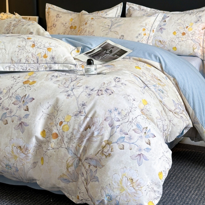 91家纺网 家纺一手货源 找家纺 海洋家纺 2025新款100%全棉磨毛数码印花四件套加厚全棉四件套-提供买家秀 花语情怀 米白