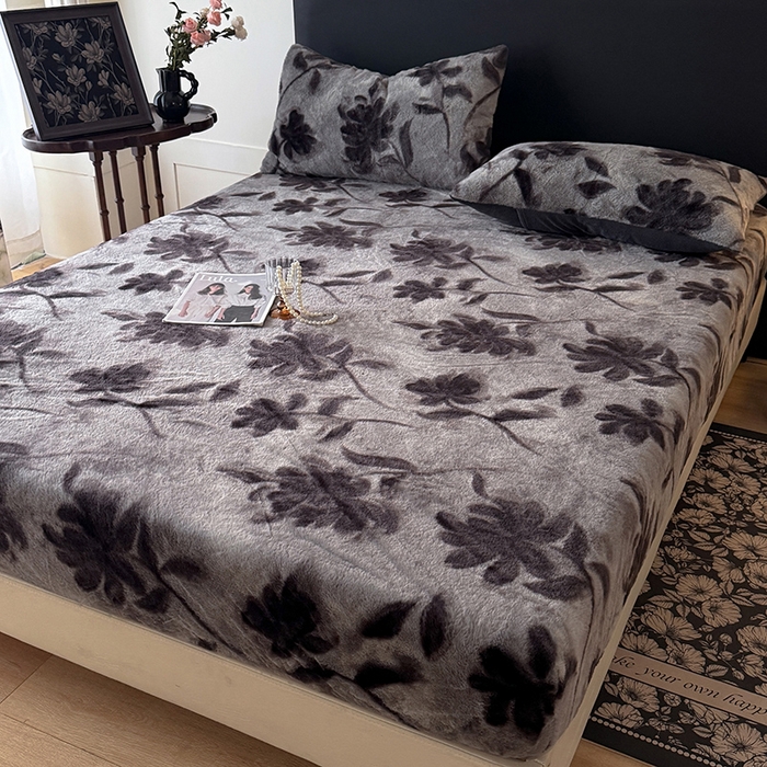 91家纺网 家纺一手货源 找家纺 绒世界 2025秋冬加厚兔绒床笠 兔绒床笠-花影灰