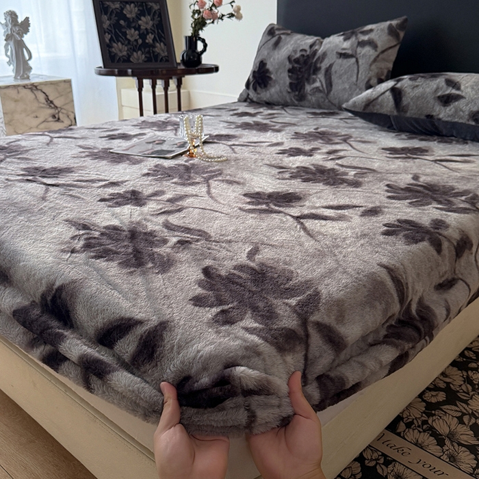 绒世界 2025秋冬加厚兔绒床笠 兔绒床笠-花影灰