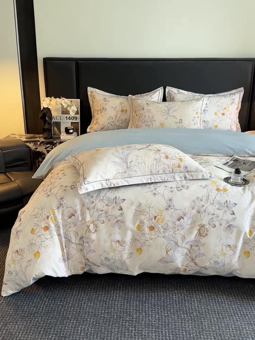 91家纺网 家纺一手货源 找家纺 海洋家纺 2025新款100%全棉磨毛数码印花四件套加厚全棉四件套-提供买家秀 花语情怀 米白