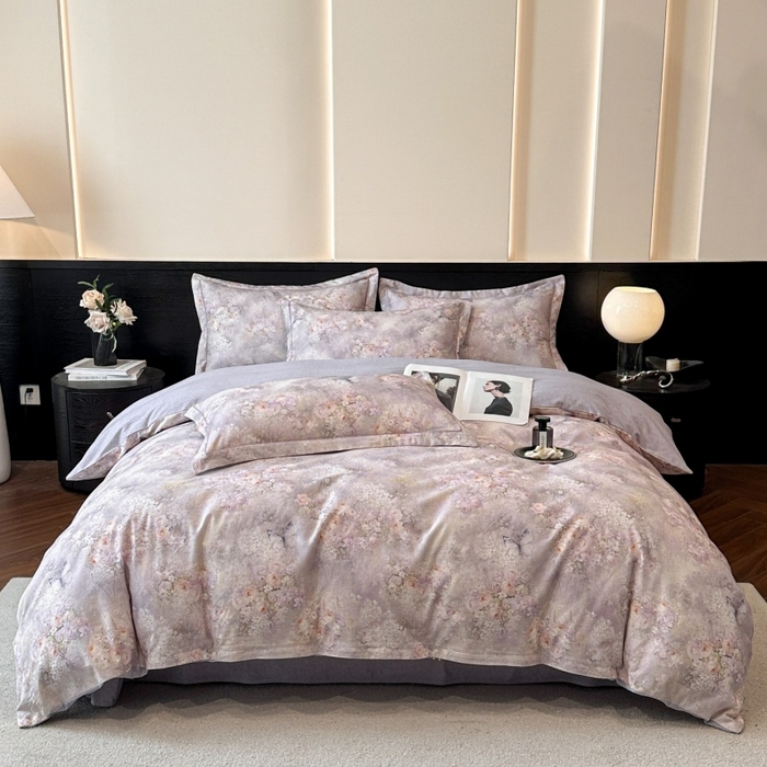 91家纺网 家纺一手货源 找家纺 海洋家纺 2025新款100%全棉磨毛数码印花四件套加厚全棉四件套-提供买家秀 雾野花蝶 紫