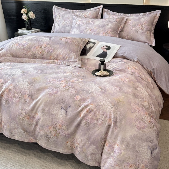 91家纺网 家纺一手货源 找家纺 海洋家纺 2025新款100%全棉磨毛数码印花四件套加厚全棉四件套-提供买家秀 雾野花蝶 紫