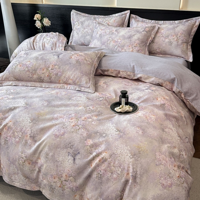 91家纺网 家纺一手货源 找家纺 海洋家纺 2025新款100%全棉磨毛数码印花四件套加厚全棉四件套-提供买家秀 雾野花蝶 紫