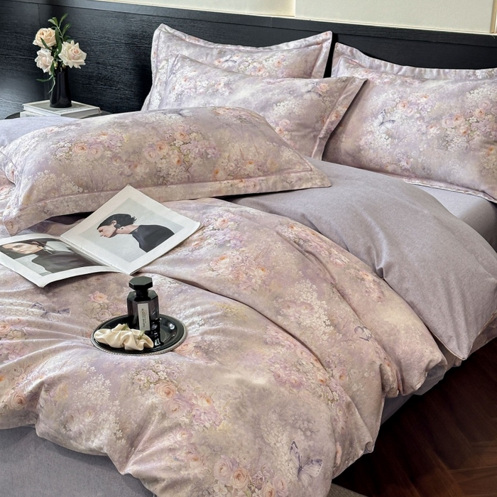 91家纺网 家纺一手货源 找家纺 海洋家纺 2025新款100%全棉磨毛数码印花四件套加厚全棉四件套-提供买家秀 雾野花蝶 紫