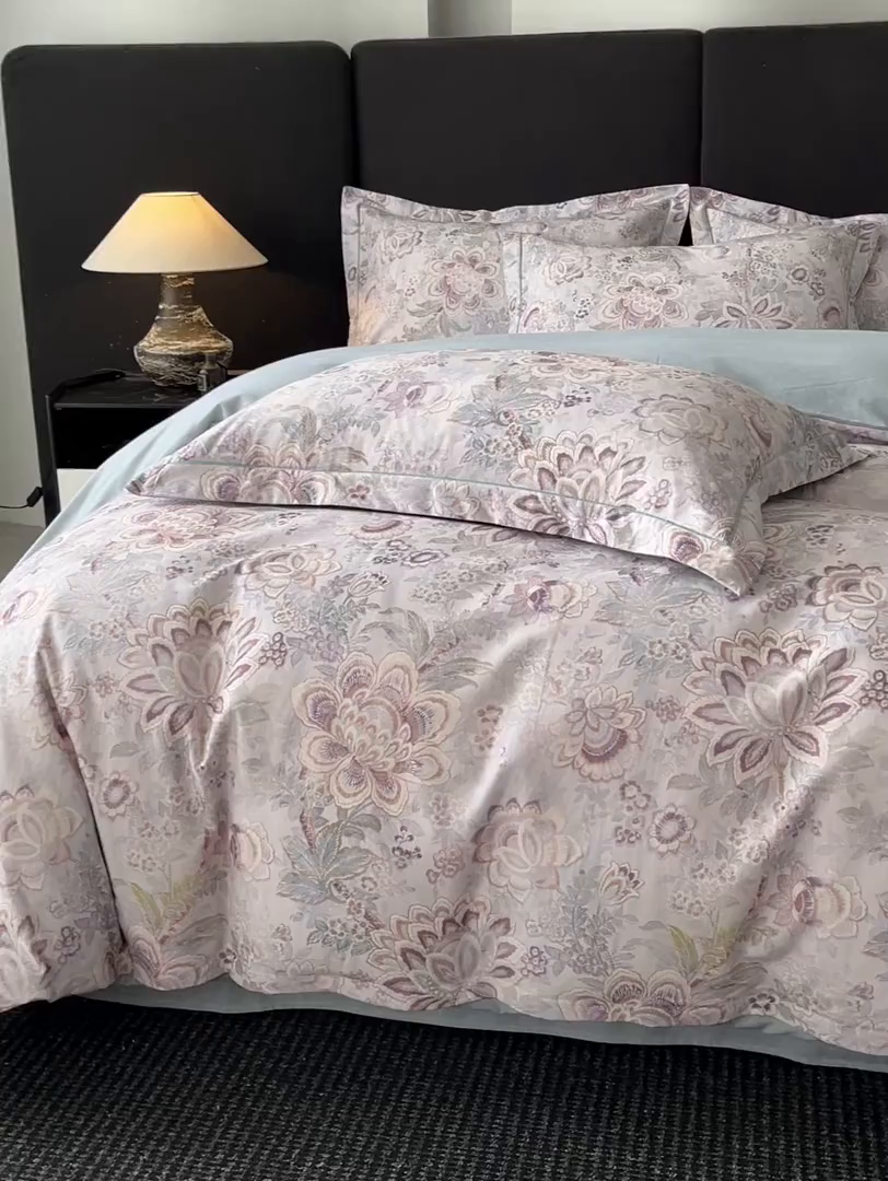 91家纺网 家纺一手货源 找家纺 海洋家纺 2025新款100%全棉磨毛数码印花四件套加厚全棉四件套-提供买家秀 芙丽 蓝灰