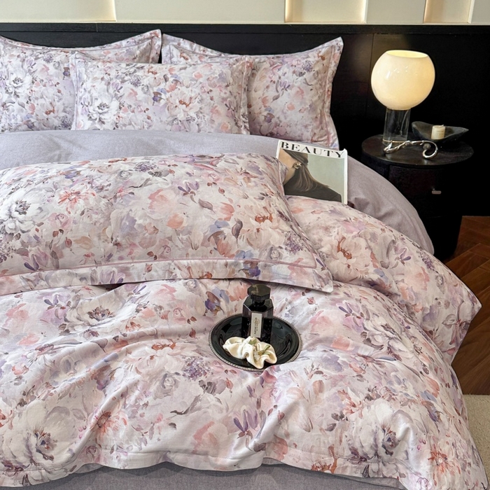 91家纺网 家纺一手货源 找家纺 海洋家纺 2025新款100%全棉磨毛数码印花四件套加厚全棉四件套-提供买家秀 花期如梦 紫