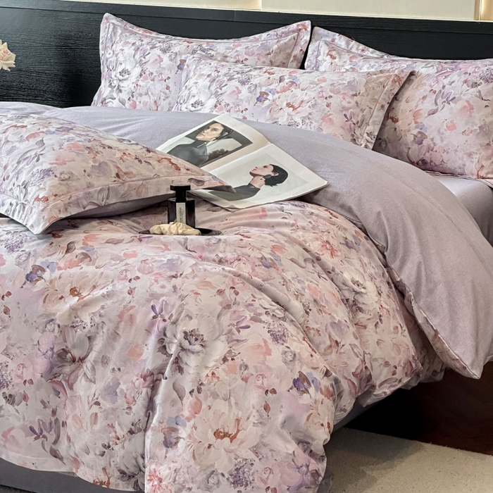 91家纺网 家纺一手货源 找家纺 海洋家纺 2025新款100%全棉磨毛数码印花四件套加厚全棉四件套-提供买家秀 花期如梦 紫