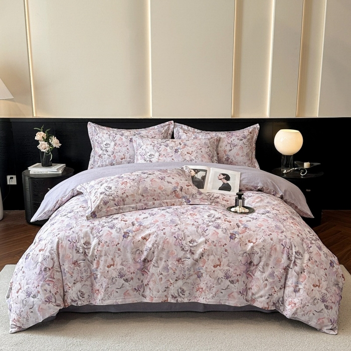 91家纺网 家纺一手货源 找家纺 海洋家纺 2025新款100%全棉磨毛数码印花四件套加厚全棉四件套-提供买家秀 花期如梦 紫