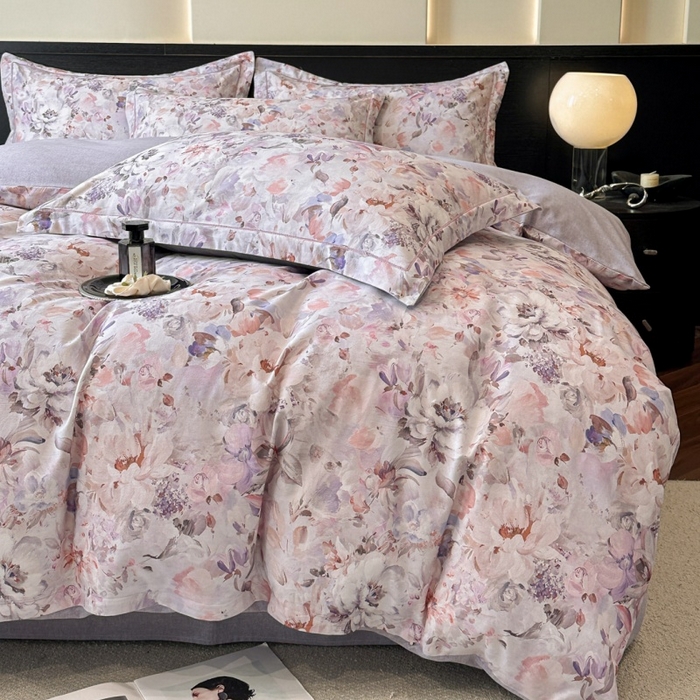 91家纺网 家纺一手货源 找家纺 海洋家纺 2025新款100%全棉磨毛数码印花四件套加厚全棉四件套-提供买家秀 花期如梦 紫