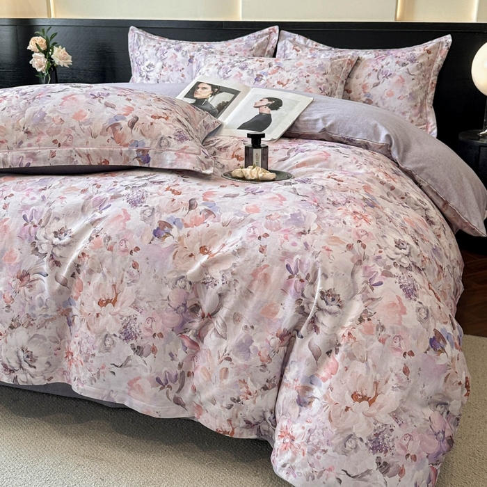 91家纺网 家纺一手货源 找家纺 海洋家纺 2025新款100%全棉磨毛数码印花四件套加厚全棉四件套-提供买家秀 花期如梦 紫