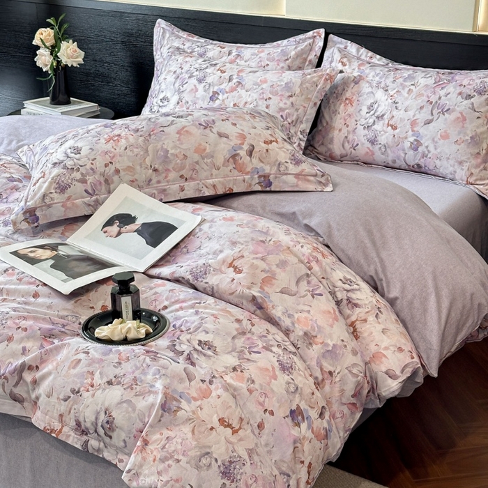 91家纺网 家纺一手货源 找家纺 海洋家纺 2025新款100%全棉磨毛数码印花四件套加厚全棉四件套-提供买家秀 花期如梦 紫