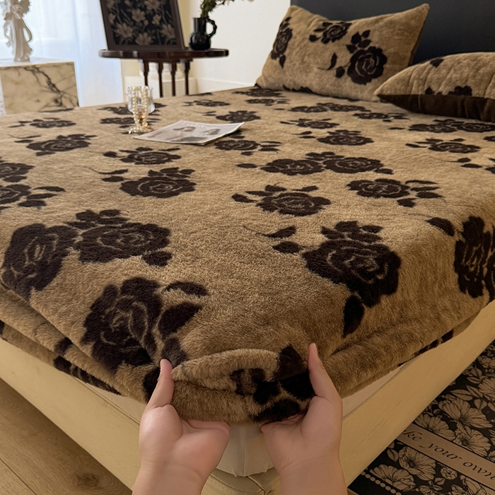 绒世界 2025秋冬加厚兔绒床笠 兔绒床笠-绽放咖