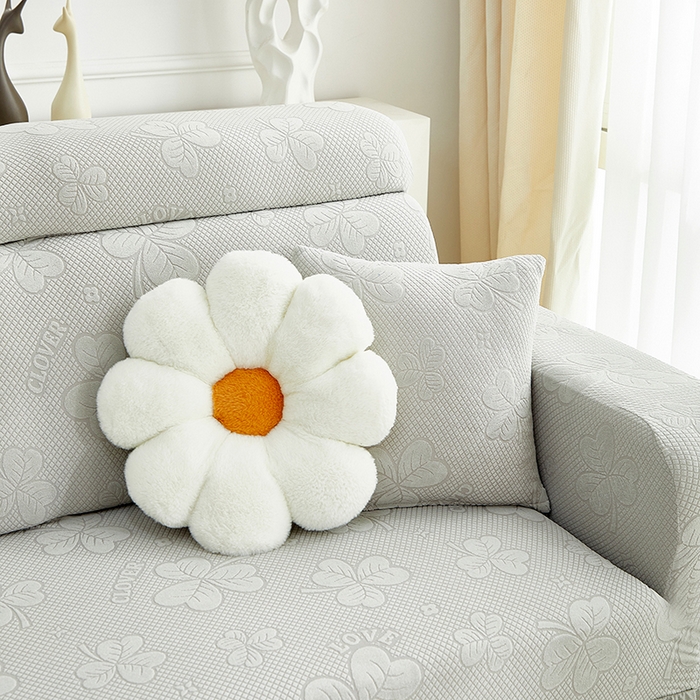 91家纺网 家纺一手货源 找家纺 千彤沙发垫  2025新款防滑防尘优雅百褶裙边全包款沙发笠沙发套罩--三叶草系列 浅灰