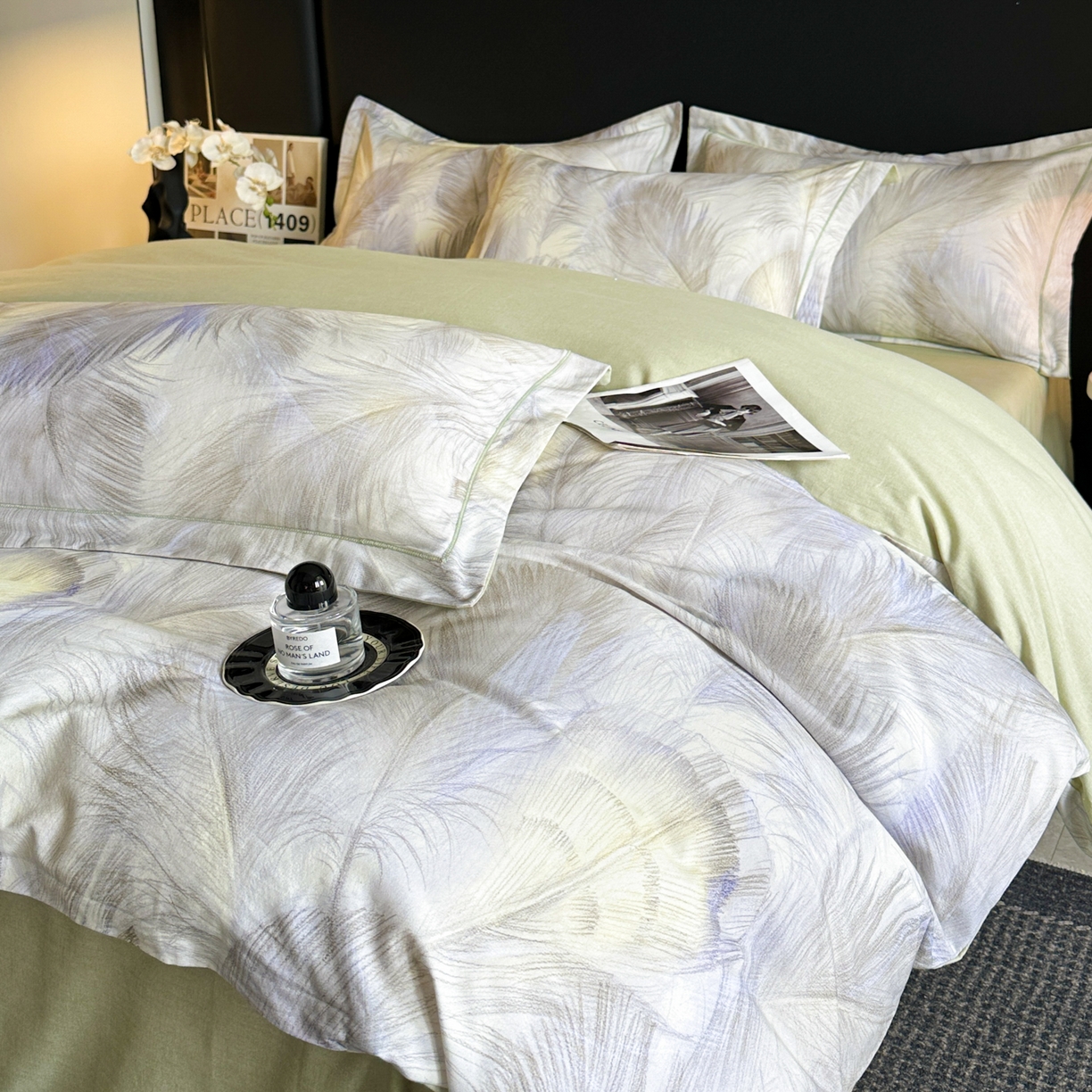 海洋家纺 2025新款100%全棉磨毛数码印花四件套加厚全棉四件套-提供买家秀 羽纱 浅绿