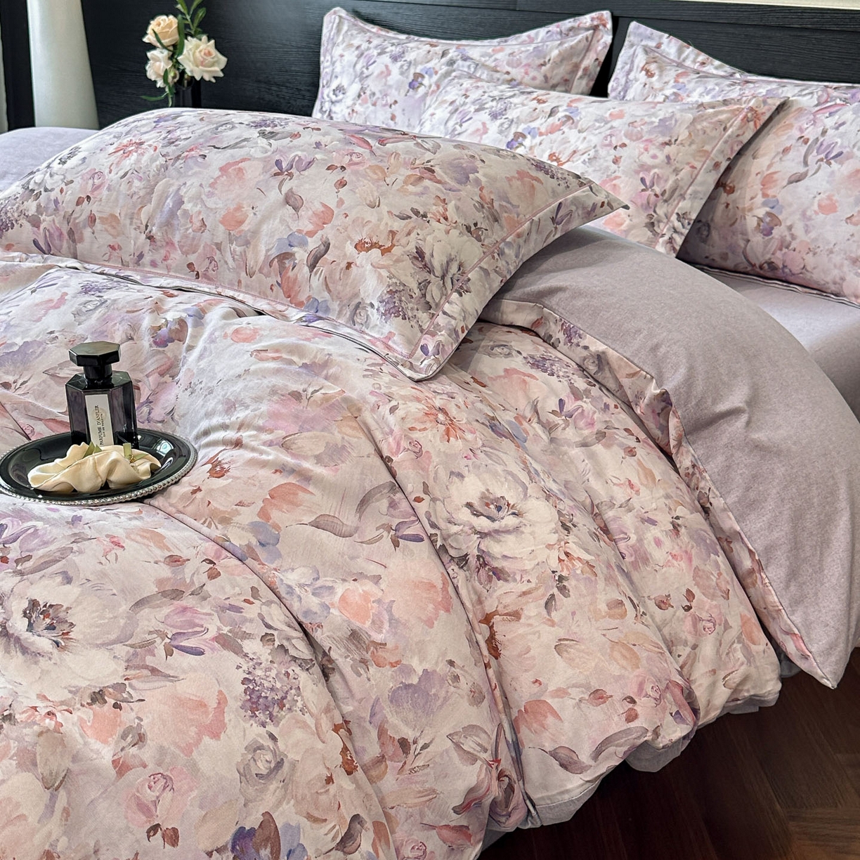 海洋家纺 2025新款100%全棉磨毛数码印花四件套加厚全棉四件套-提供买家秀 花期如梦 紫
