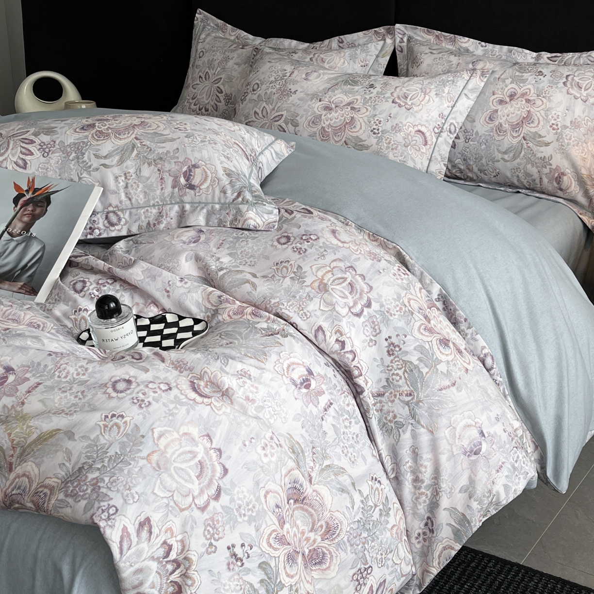 海洋家纺 2025新款100%全棉磨毛数码印花四件套加厚全棉四件套-提供买家秀 芙丽 蓝灰