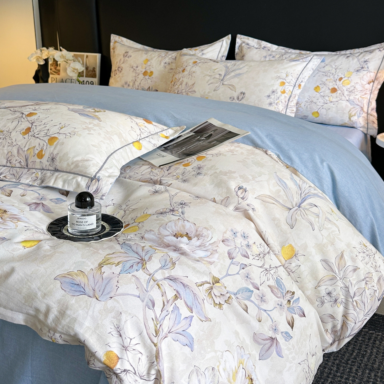 海洋家纺 2025新款100%全棉磨毛数码印花四件套加厚全棉四件套-提供买家秀 花语情怀 米白