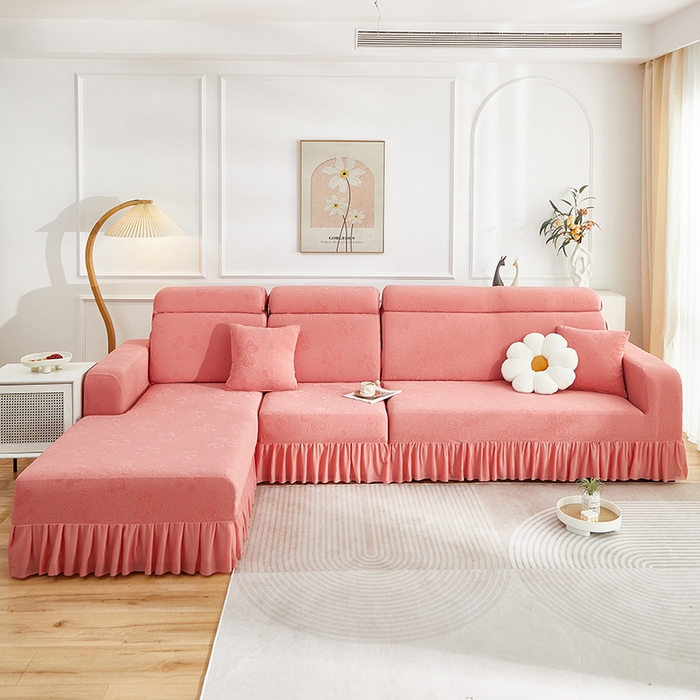 千彤沙发垫  2025新款防滑防尘优雅百褶裙边全包款沙发笠沙发套罩--三叶草系列 豆沙