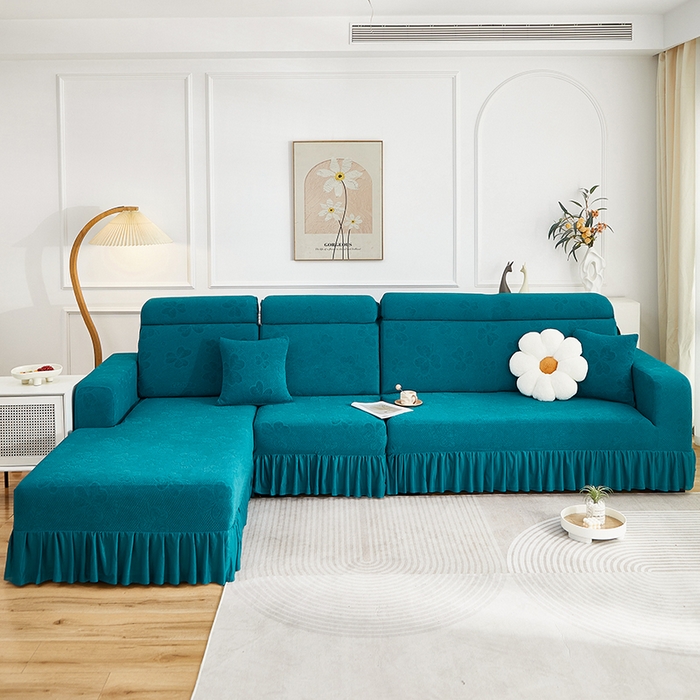 千彤沙发垫  2025新款防滑防尘优雅百褶裙边全包款沙发笠沙发套罩--三叶草系列 孔雀蓝