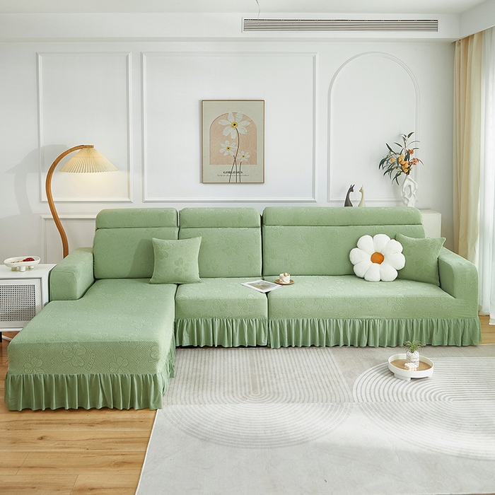 千彤沙发垫  2025新款防滑防尘优雅百褶裙边全包款沙发笠沙发套罩--三叶草系列 浅绿