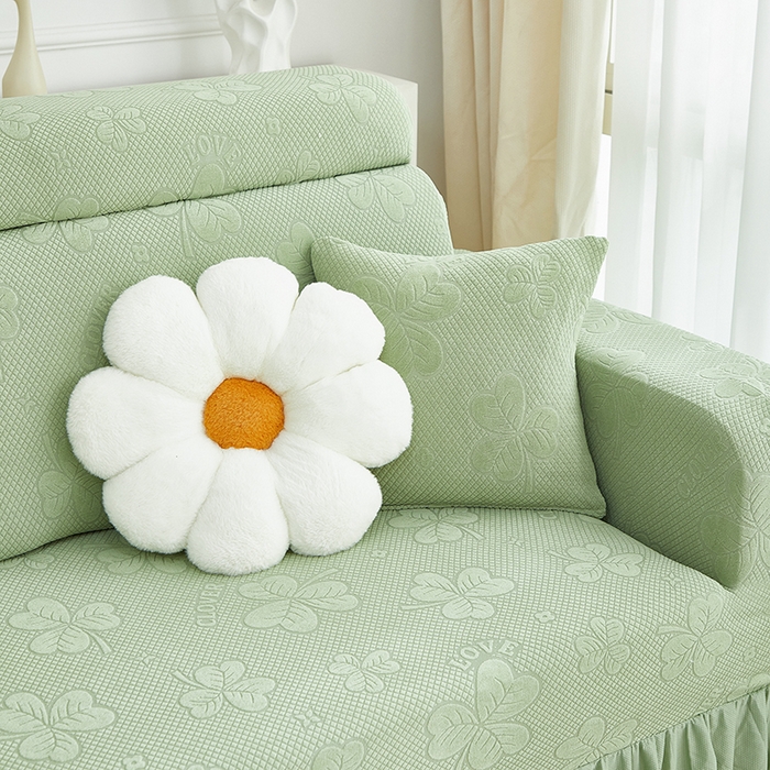 91家纺网 家纺一手货源 找家纺 千彤沙发垫  2025新款防滑防尘优雅百褶裙边全包款沙发笠沙发套罩--三叶草系列 浅绿